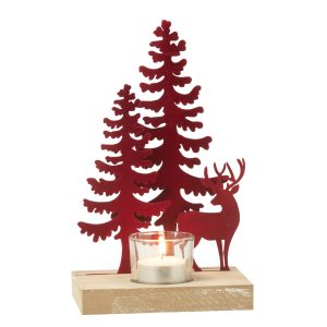 J-Line theelichthouder 1 Stuk Rendier/Bomen – metaal/hout – rood