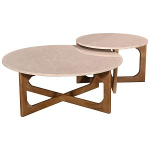 Giga Meubel Salontafel Lino Rond – Marmer/Hout – Naturel – Set van 2