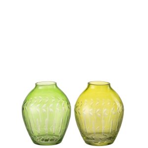 J-Line vaas Bol Bladeren – glas – groen – 2 stuks – Ø 9.5 cm