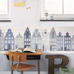 ESTAhome XXL behangrand Amsterdamse huizen blauw – 430 x 50 cm – 15771