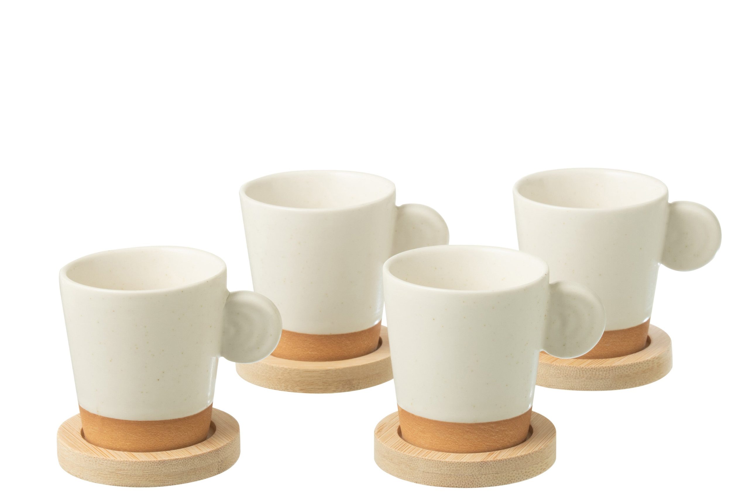 J-Line koffietas Met Oor + Bamboubasis - keramiek - wit/naturel - doos