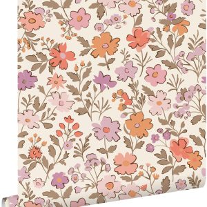 ESTAhome behang bloemetjes paars en oranje – 53 cm x 10.05 m – 131327
