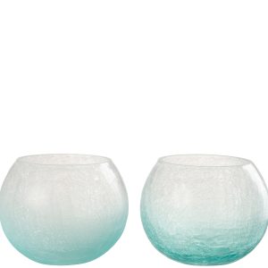 J-Line windlicht Bol Craquelé – glas – blauw – medium – 2 stuks