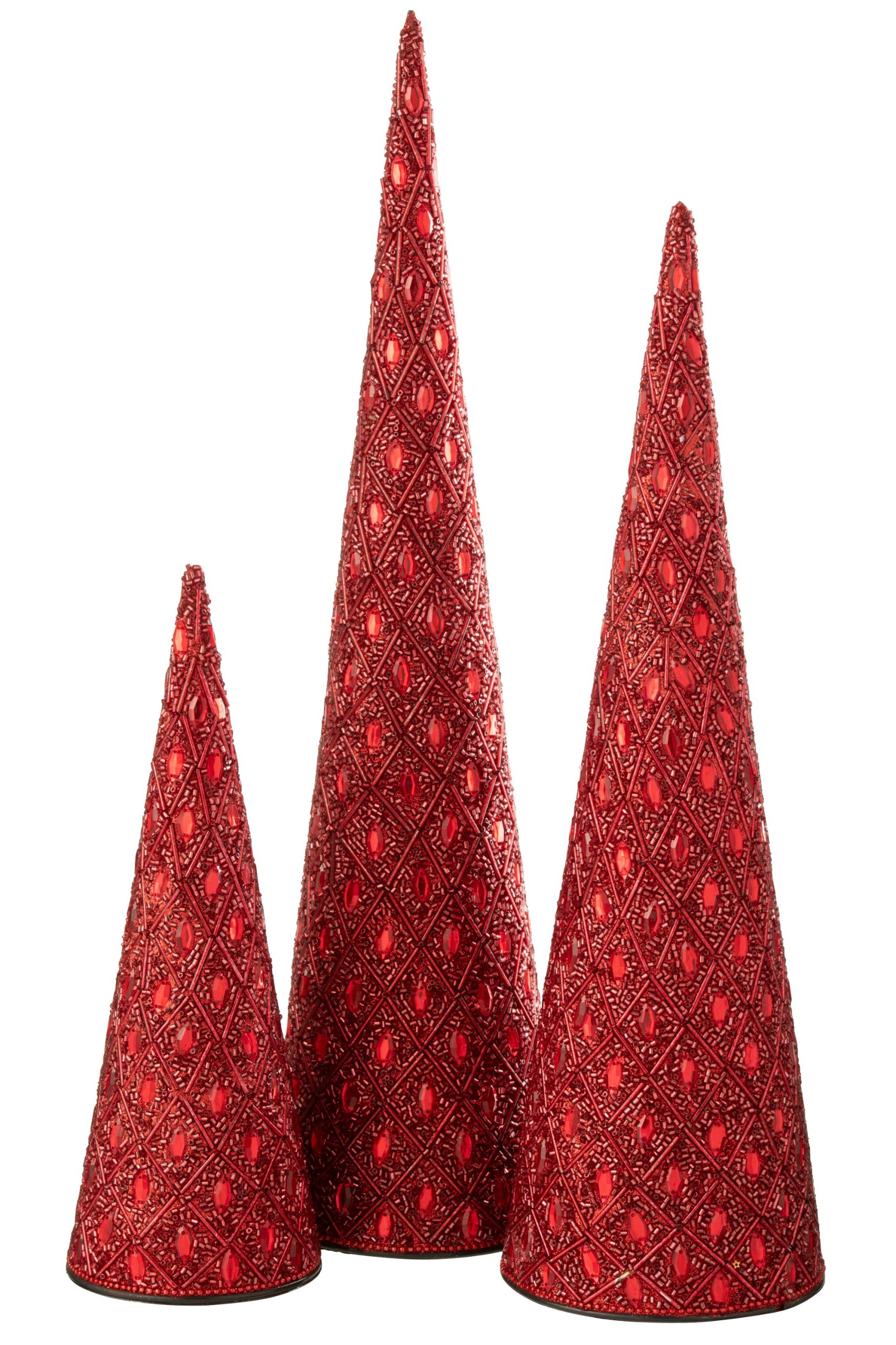 J-Line decoratie Kegel - ijzer/kralen - kerstrood - set van 3
