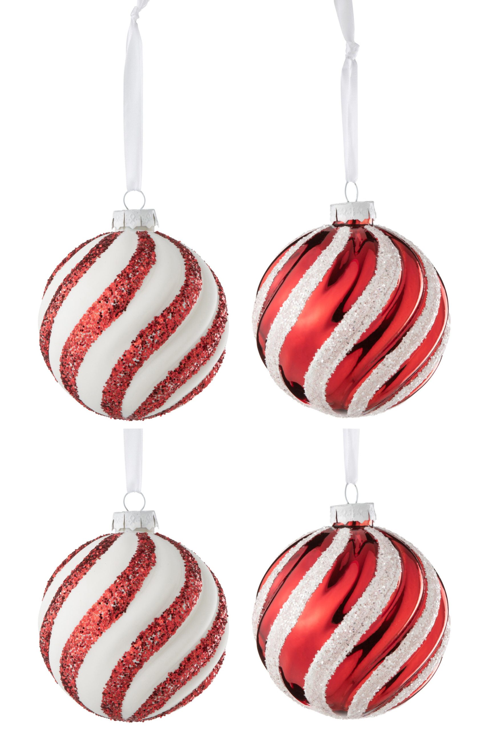 J-Line kerstbal - glas - wit/rood - large - doos van 4