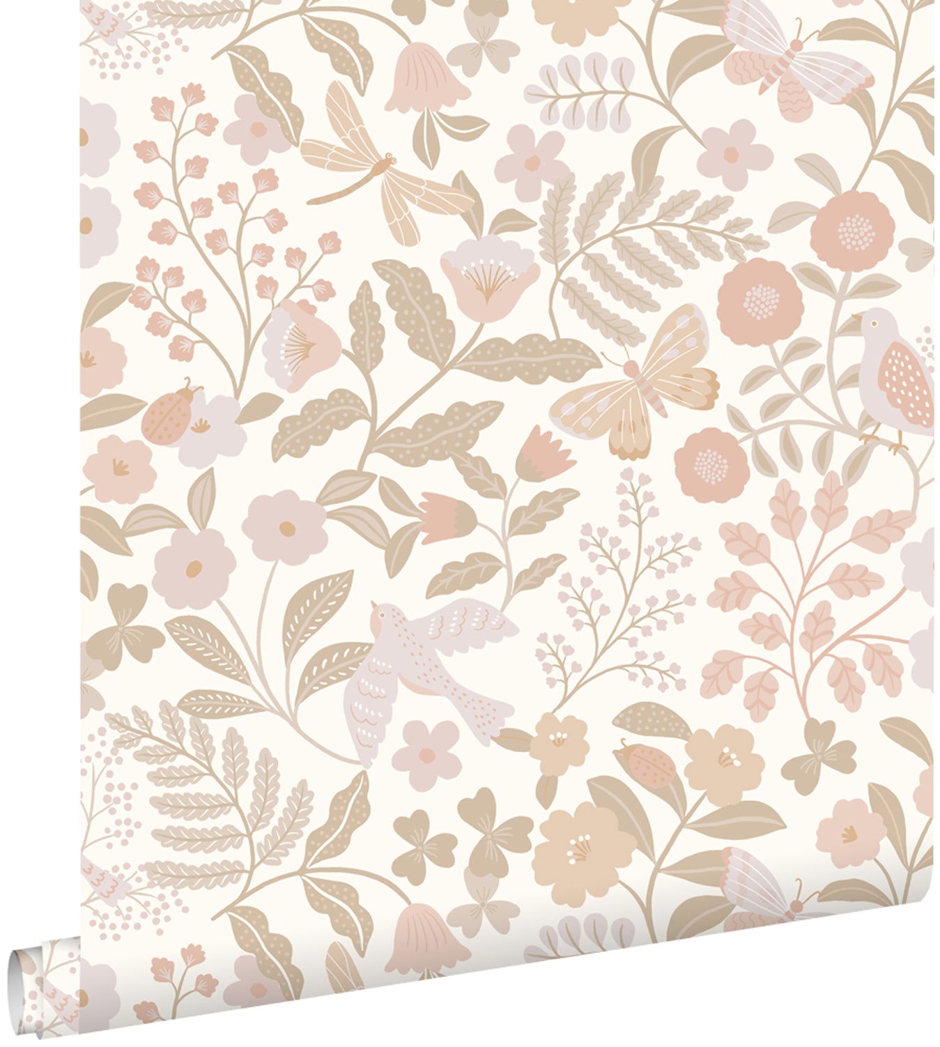 ESTAhome behang bloemen en vogels wit, beige en zacht roze - 53 cm x 1