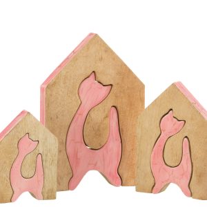 J-Line decoratie Huis Kat – hout – roze/naturel – large