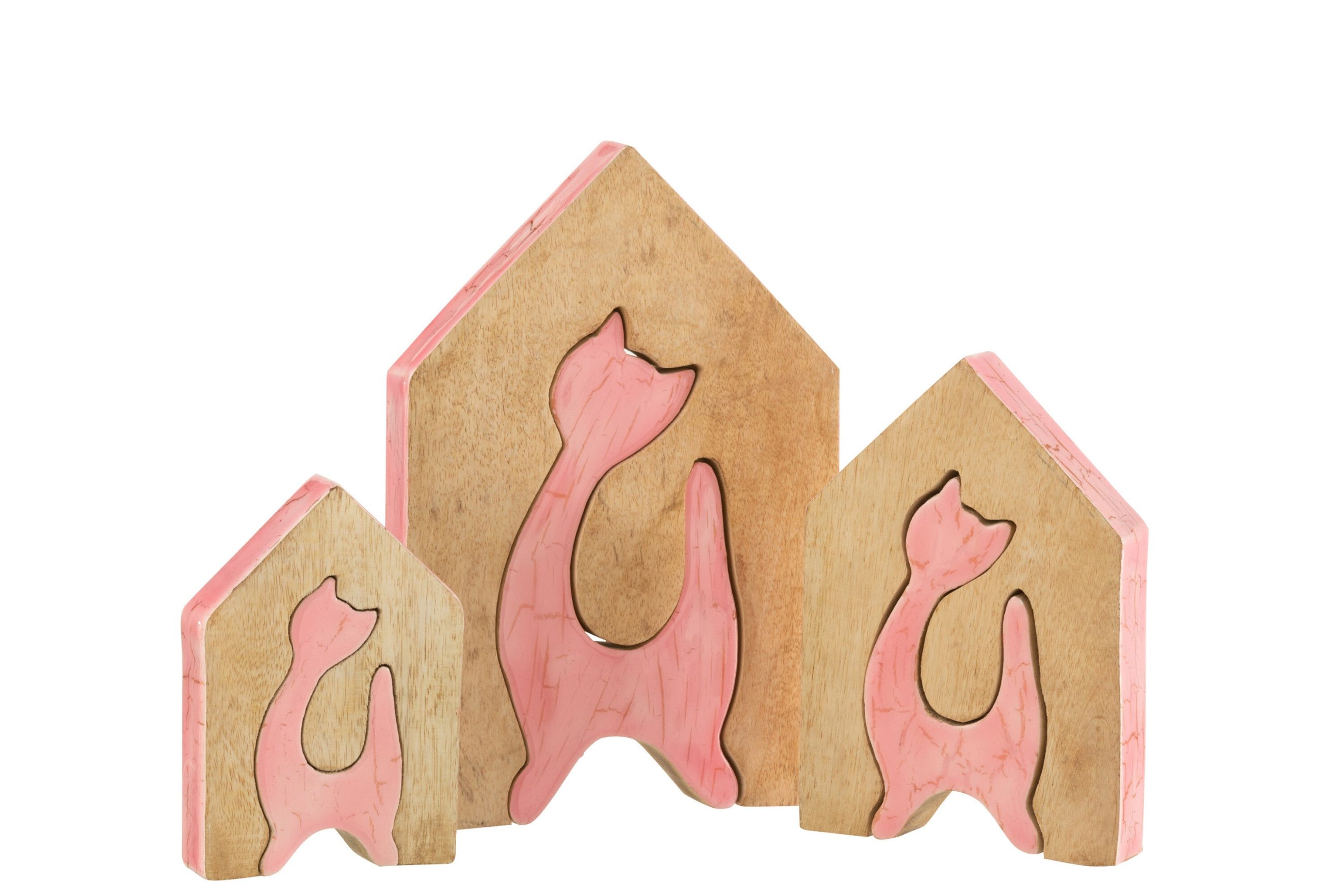 J-Line decoratie Huis Kat - hout - roze/naturel - large
