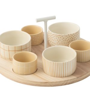 J-Line tapasplank 6 kommen + bambouschaal In Doos – keramiek/hout – wi