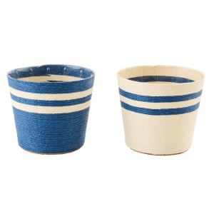 J-Line bloempot Gestreept – papier – wit/blauw – medium – set van 2