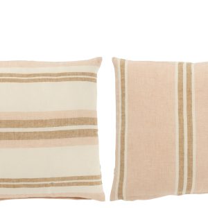 J-Line kussen Gestreept – linnen – lichtroze/wit/beige – 2 stuks