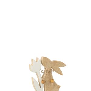 J-Line decoratie Konijn Met Bloem – hout – wit – small