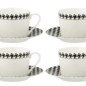 J-Line koffietas + bord Pied-Poule – porselein – wit/zwart – doos van J-Line koffietas + bord Pied-Poule – porselein – wit/zwart – doos van