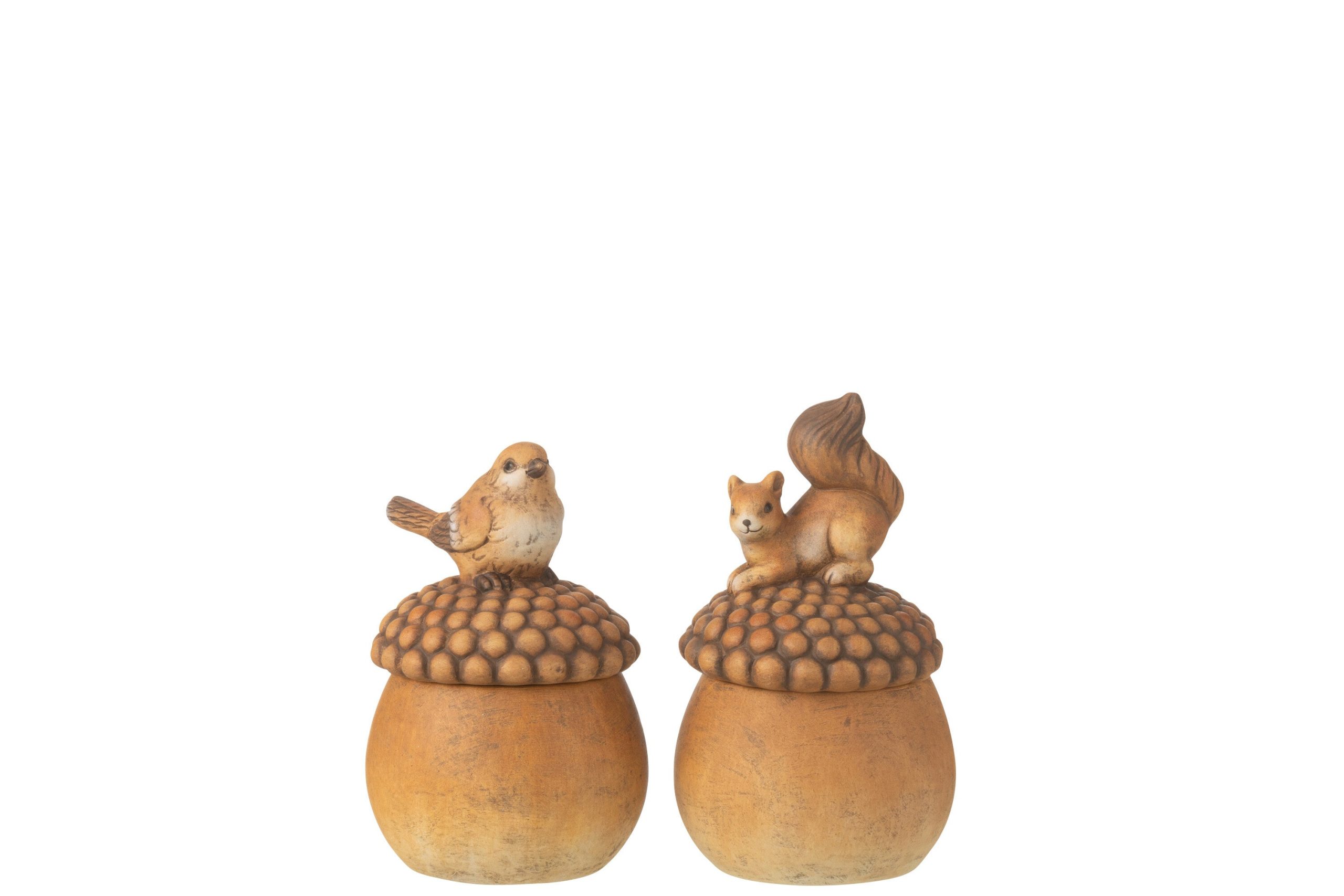 J-Line figuur Vogel + Eekhoorn op eikel - porselein - bruin - small -