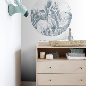 ESTAhome zelfklevende behangcirkel jungle-motief blauw – Ø 70 cm – 159