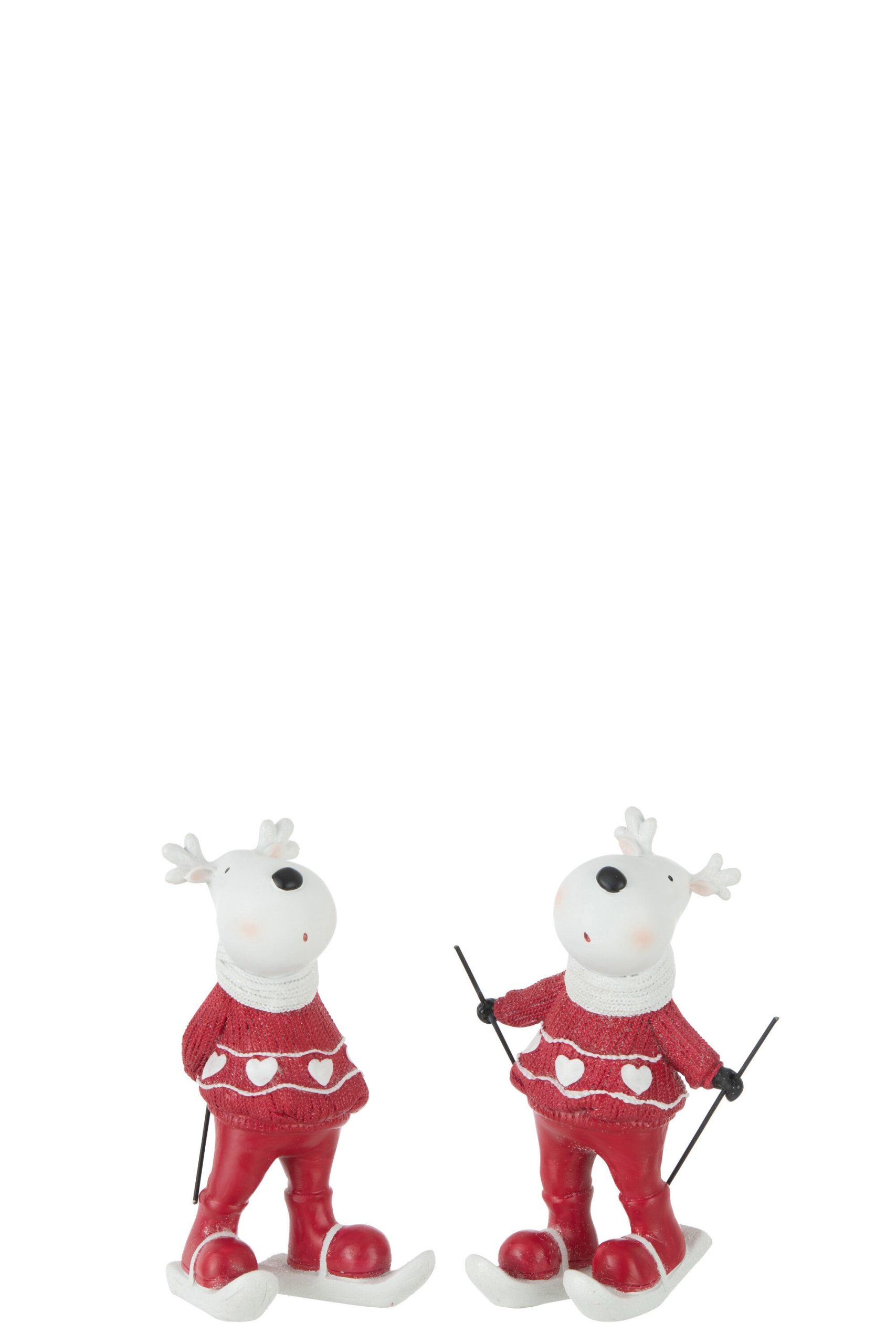 J-Line figuur Rendier Skien - polyresin - wit/rood - small - 2 stuks