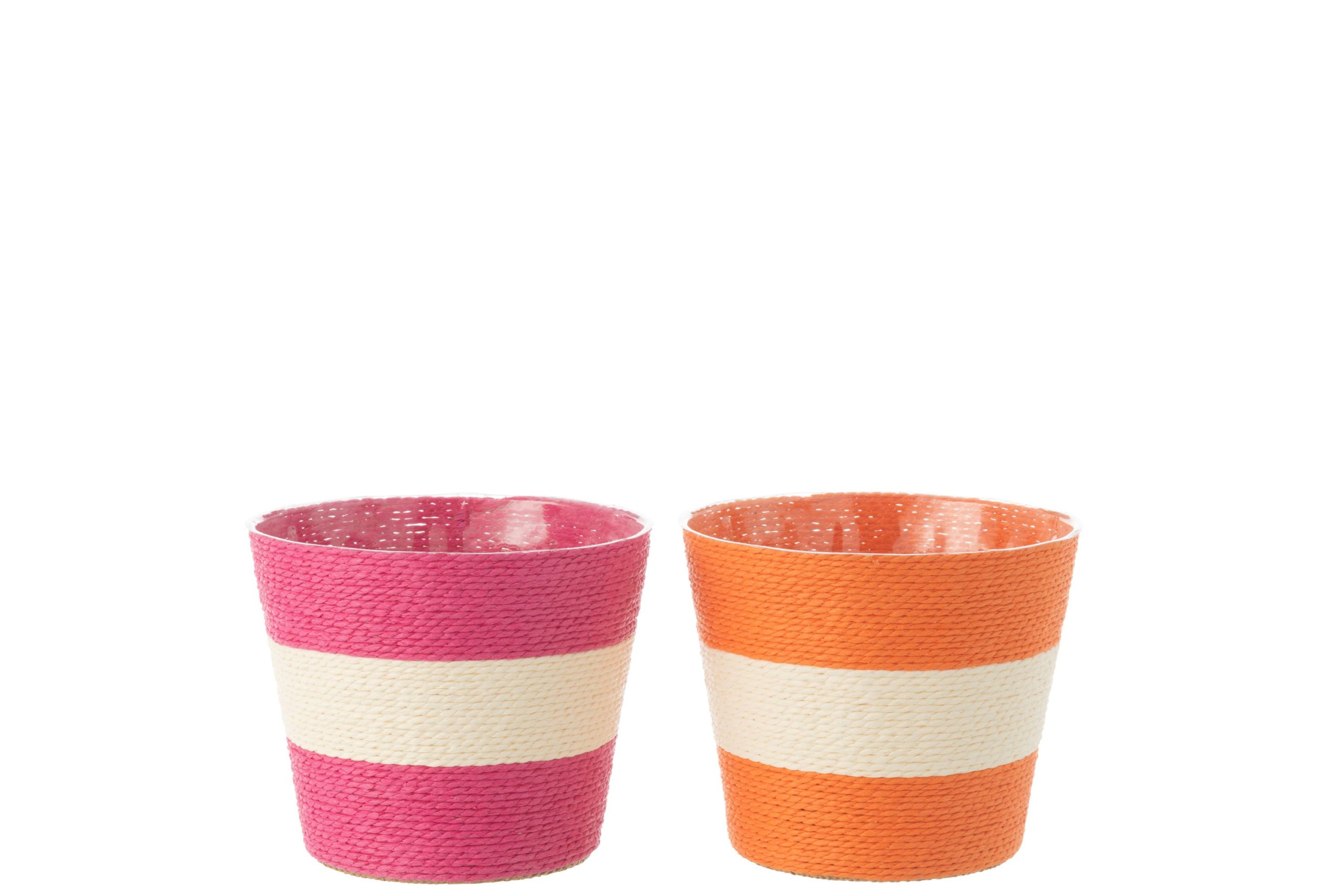 J-Line bloempot Touwtjes Streep - papier - roze/oranje - medium - 2 st