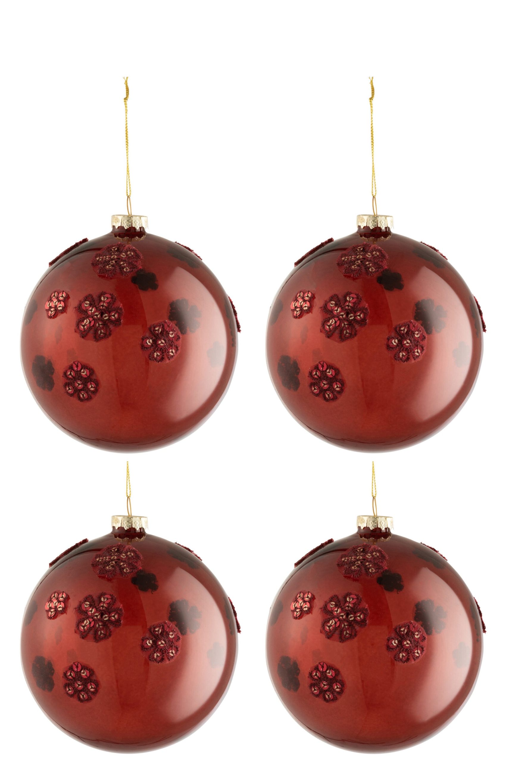 J-Line kerstbal Bloemen - glas - burgundy - large - doos van 4