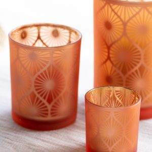 J-Line kaarshouder Ruit Bloemen – glas – oranje – small – 3 stuks