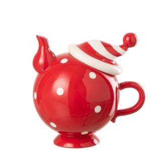 J-Line theepot Kerstmuts Dolomiet – keramiek – kerstrood/wit