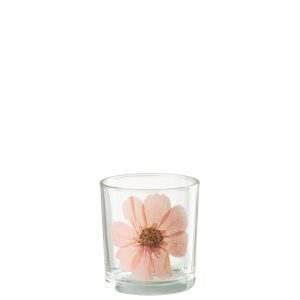 J-Line windlicht Bloem – glas – roze – small – 2 stuks