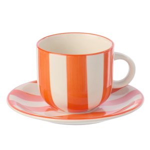 J-Line kopje + schoteltje Gestreept – keramiek – oranje/wit – 6 stuks