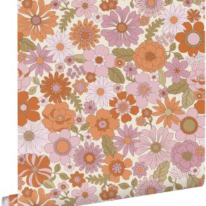 ESTAhome behang retro bloemen paars en oranje – 53 cm x 10.05 m – 1309