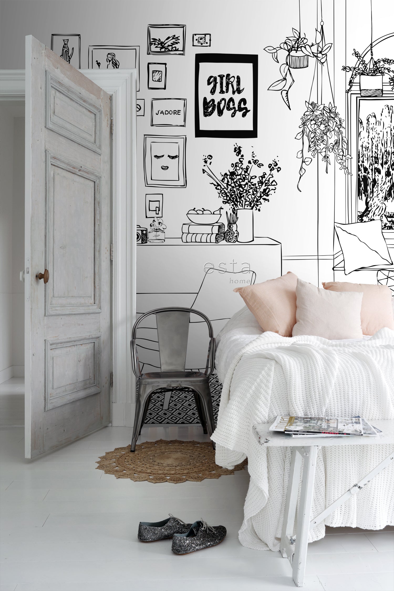 ESTAhome fotobehang tekening woonkamer zwart wit - 325.5 x 279 cm - 15