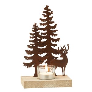 J-Line theelichthouder 1 stuk rendieren bomen – metaal/hout – bruin