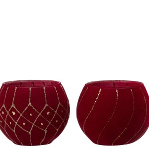 J-Line kaarshouder Lijnen/Geruit – fluweel – rood/goud – 2 stuks
