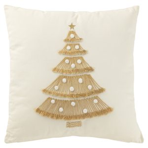 J-Line kussen Kerstboom Franjes + Pompoms – katoen – wit/goud