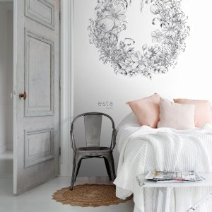 ESTAhome zelfklevende behangcirkel bloemtekeningen zwart wit – Ø 140 c ESTAhome zelfklevende behangcirkel bloemtekeningen zwart wit – Ø 140 c