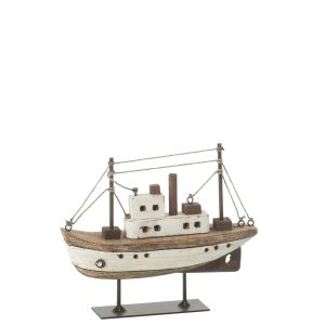 J-Line decoratie Boot Op Voet – hout – naturel/wit – small