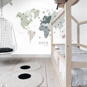ESTAhome fotobehang wereldkaart voor kinderen mintgroen, grijs en roze ESTAhome fotobehang wereldkaart voor kinderen mintgroen, grijs en roze