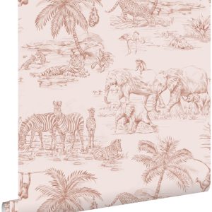 ESTAhome behang jungle dieren terracotta roze – 53 cm x 10.05 m – 1393