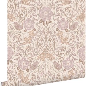 ESTAhome behang bloemen en vogels zand beige en lila paars – 53 cm x 1 ESTAhome behang bloemen en vogels zand beige en lila paars – 53 cm x 1