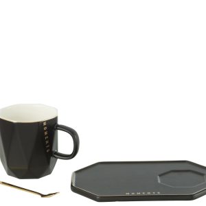 J-Line kop + schoteltje + lepel Moments – keramiek – zwart