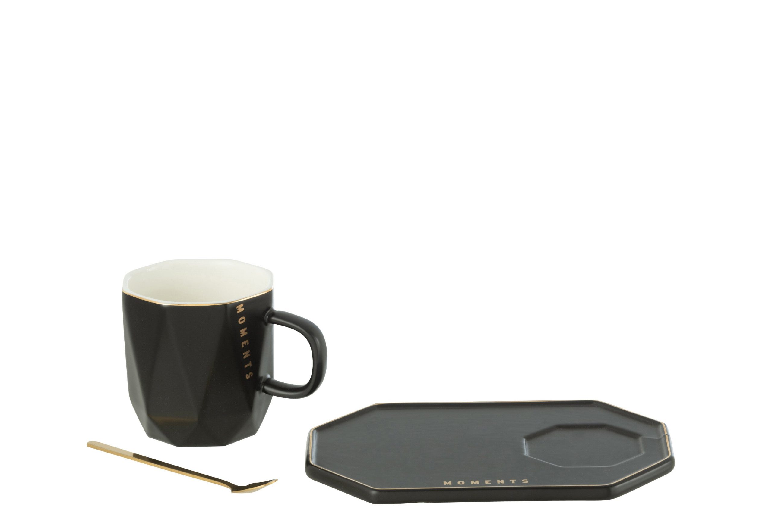 J-Line kop + schoteltje + lepel Moments - keramiek - zwart