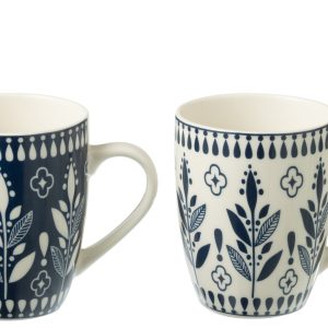 J-Line mok Bladeren – keramiek – blauw/wit – doos van 2 J-Line mok Bladeren – keramiek – blauw/wit – doos van 2