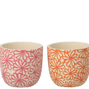 J-Line bloempot Rond Bloemen – keramiek – roze/oranje – large – set va J-Line bloempot Rond Bloemen – keramiek – roze/oranje – large – set va