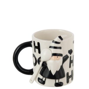 J-Line mok + lepel Kerstman Dolomiet – keramiek – wit/zwart J-Line mok + lepel Kerstman Dolomiet – keramiek – wit/zwart