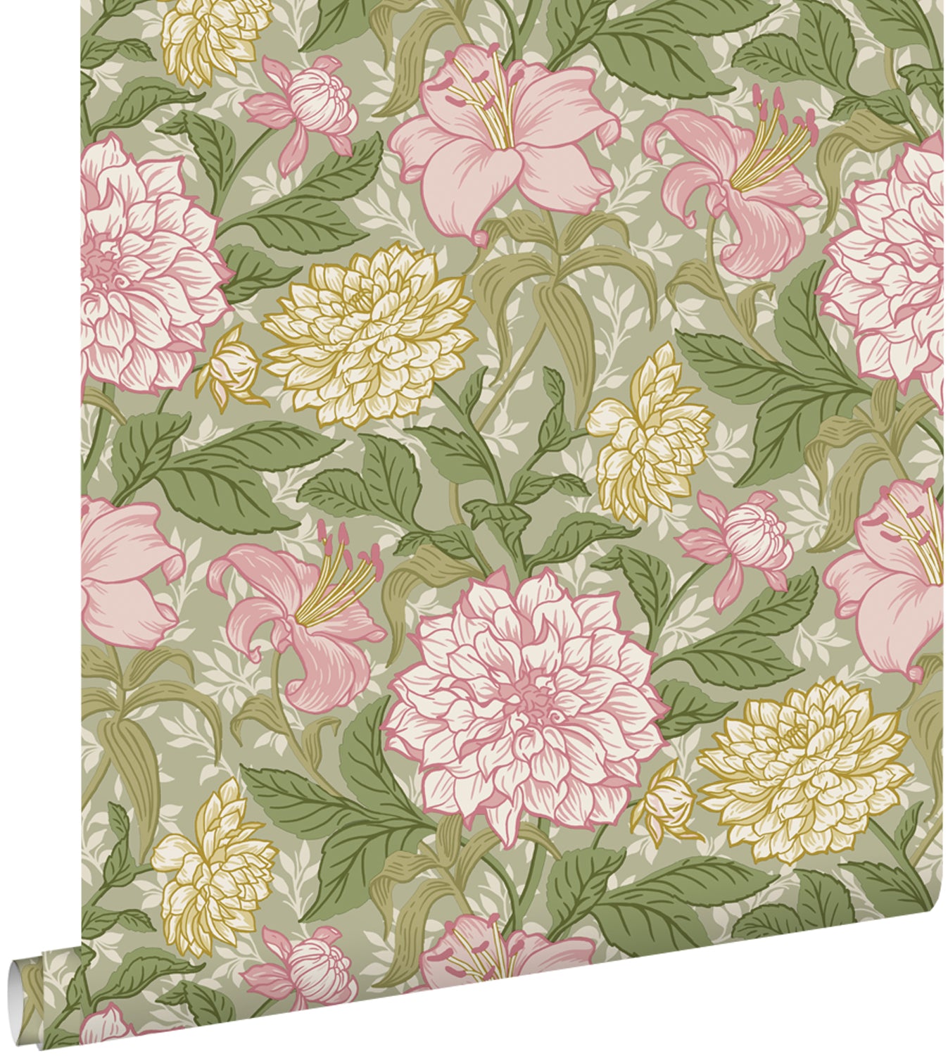 ESTAhome behang vintage bloemen paars, groen en geel - 50 x 900 cm - 1