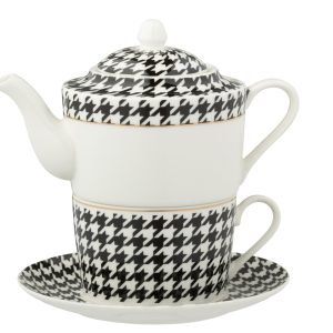 J-Line theepot Pied-Poule – porselein – wit/zwart