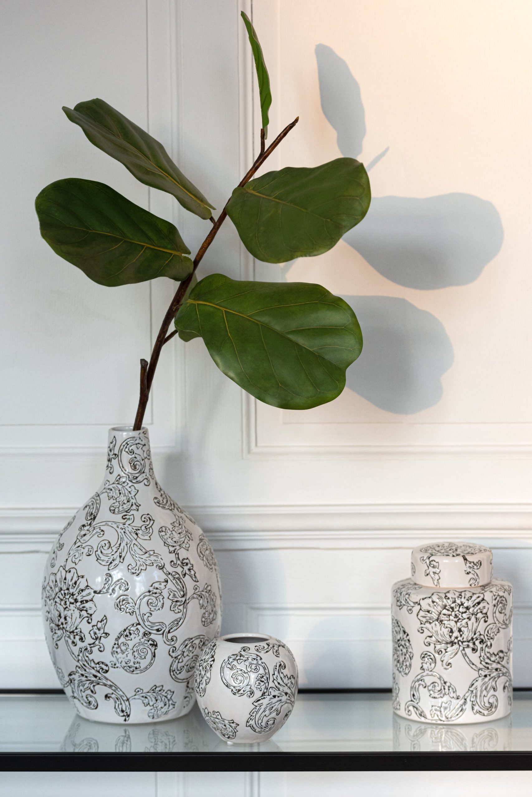 J-Line vaas Zen Rond - porselein - wit/zwart - 30 cm hoog