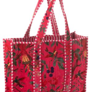 J-Line tas Vogels/Bloemen – katoen/fluweel – roze