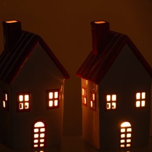 J-Line theelichthouder Huis Dolomiet – keramiek – oranje/rood – 2 stuk