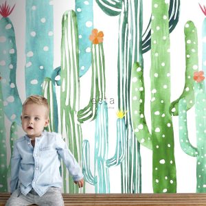 ESTAhome fotobehang aquarel geschilderde bloeiende cactussen groen 150 ESTAhome fotobehang aquarel geschilderde bloeiende cactussen groen 150