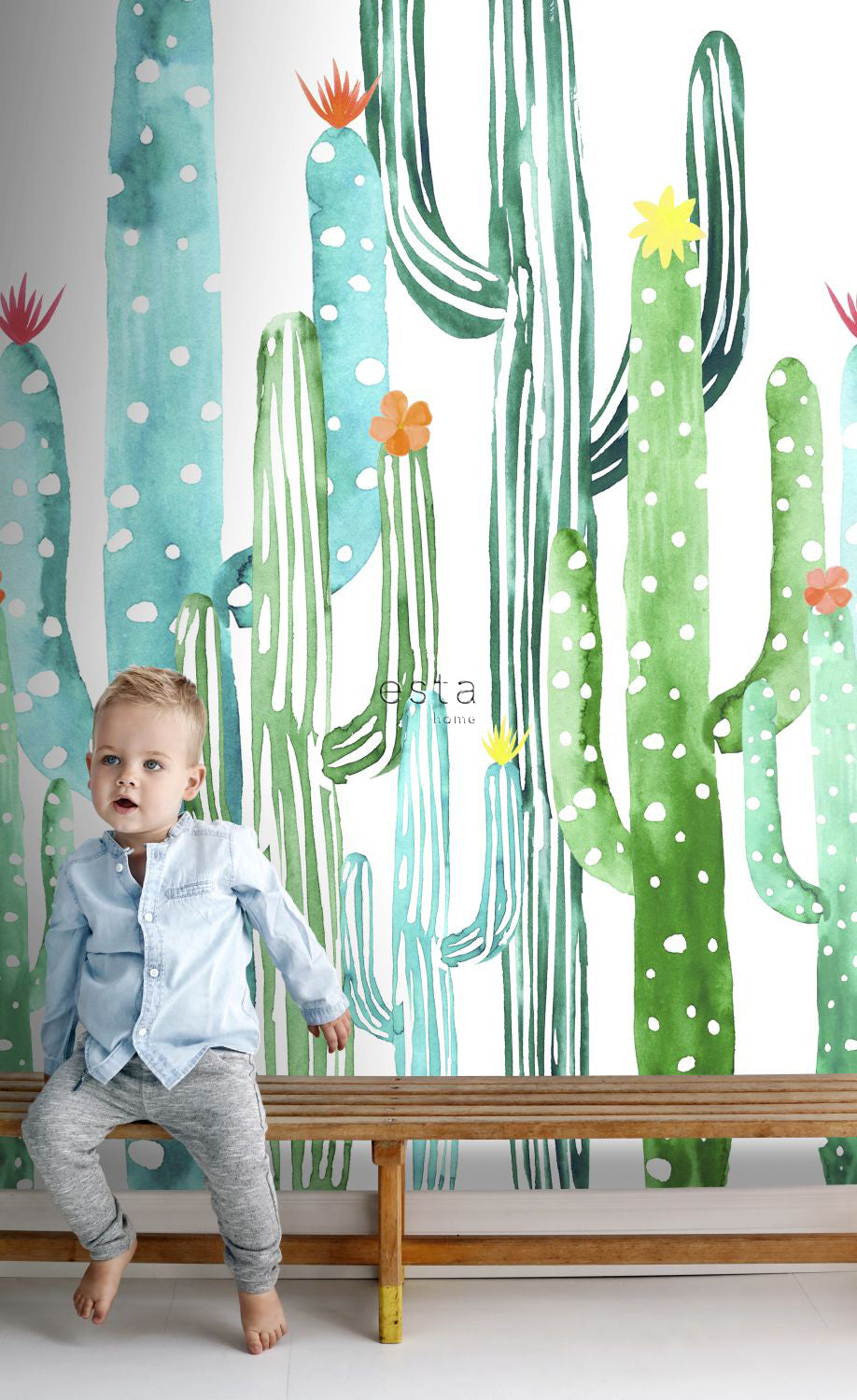 ESTAhome fotobehang aquarel geschilderde bloeiende cactussen groen 150