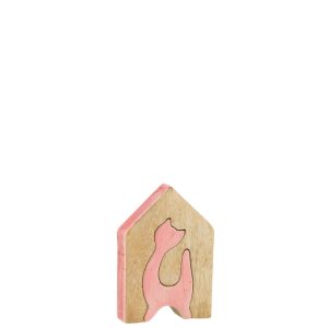 J-Line decoratie Huis Kat – hout – roze/naturel – small