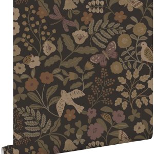 ESTAhome behang bloemen en vogels donkerbruin, olijfgroen en lila paar ESTAhome behang bloemen en vogels donkerbruin, olijfgroen en lila paar